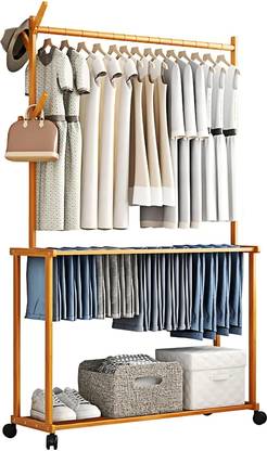 ADA Premium Bamboo Clothes Hanging Rail, Garment Rack with 2 Shelves and 4 Hooks Engineered Wood Coat and Umbrella Stand