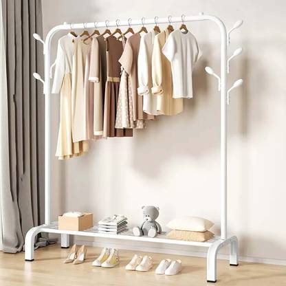 BUCKETLIST Steel Floor Cloth Dryer Stand Metal Garment Rack with Top Rod and Lower Storage Shelf with Hooks
