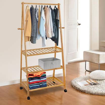 LEOPAX Bamboo Cloth Stand On Wheels, Garment Rack with 3-Tier Shelves and 4 Side Hooks Bamboo Coat and Umbrella Stand