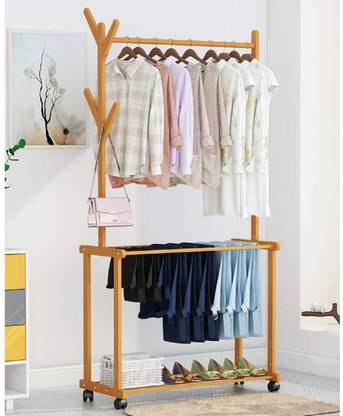 Naayaab Craft Rolling Coat Rack, Bamboo Garment Rack, Clothes Hanging Rail with 2 Shelves 4 Hooks, for Shoes, Hats and Scarves, in The Hallway, Living Room, Guest Room (Size : 80x37x175cm) Bamboo Coat and Umbrella Stand