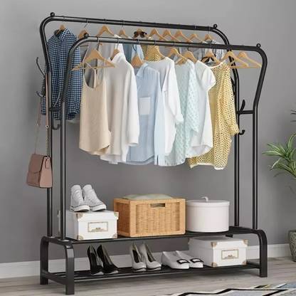 ADA Metal Clothes Rack with 4 Side Hooks and 2 Bottom Shelf, Double Rod Garment Rack Metal Coat and Umbrella Stand