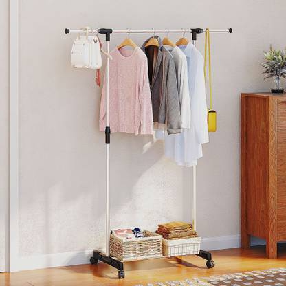 DWELLIT Adjustable Metal Clothes Rack with Wheels & Shelf | Portable Garment Stand Metal Coat and Umbrella Stand
