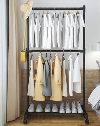 DWELLIT Adjustable Metal Clothes Rack with Wheels & Shelf | Portable Garment Stand Metal Coat and Umbrella Stand