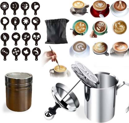 EMBox Steel Coffee Frother + 16 Stencils and 1 Steel Mesh Powder Shaker (400ml) 2 Cups Coffee Maker
