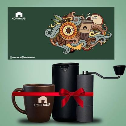 KOFIHAUS Gift Box | Coffee Husk Mug (300ml), French Press & Manual Grinder 2 Cups Coffee Maker