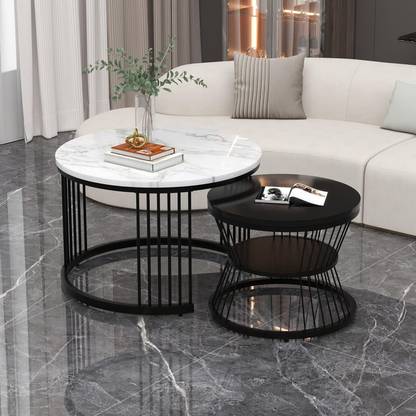 AlKhair Coffee Table Set of 2 Round Side Tables with Marble MDF Top & Sturdy Metal Frame Engineered Wood Side Table