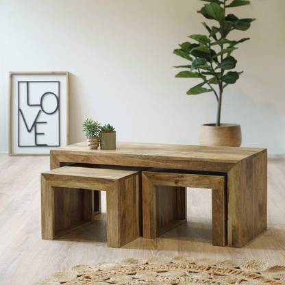 IMPERIAL WOODWORKS SOLID MANGO WOOD COFFEE TABLE SET, CENTER TABLE, WITH SITTING STOOLS_Beige Solid Wood Coffee Table