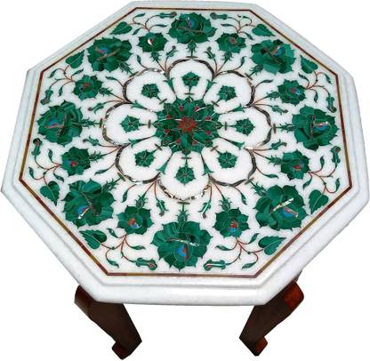 Qadri Handicrafts White Marble Side Table / Corner Table with Inlay Work. 12 x 12 inch Octagonal. Stone Coffee Table