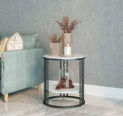 woodsyshoppee Round Side Table Black Metal Frame, 2 Tier Coffee Table For Living Room Bedroom Engineered Wood Coffee Table