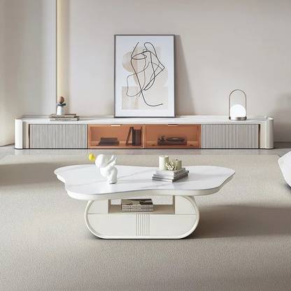 NG Decor Coffee Table Wood Irregular Sintered Stone Top in White with Drawer Storage Stone Coffee Table