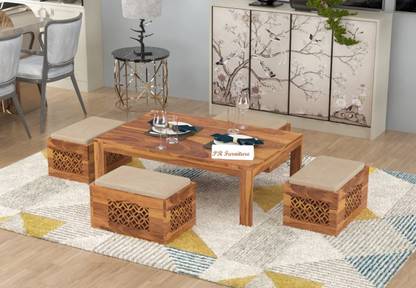 PR FURNITURE 'INDO JAPANESE' Coffee Tea Table/ Mini Dining With CNC Design & Storage Stools | Solid Wood Coffee Table