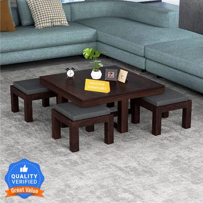 Douceur Furnitures Solid Sheesham Wood Coffee Table With 4 Stools For Living Room / Cafe. Solid Wood Coffee Table