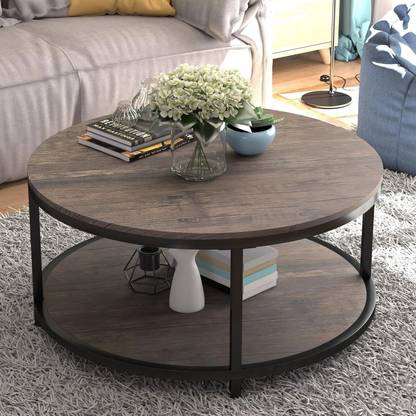 PRITI 36” Wood Round Coffee Table, Industrial Wood Top & Sturdy Metal Legs Engineered Wood Coffee Table