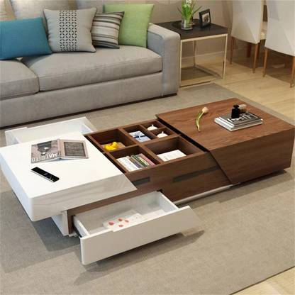 KDINTERIORS Modern Wood Extendable Sliding Top Coffee Table with Storage in White & Black Engineered Wood Coffee Table