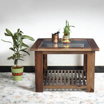 INDIKASA Solid Sheesham Wood and Glass on Top Solid Wood Coffee Table