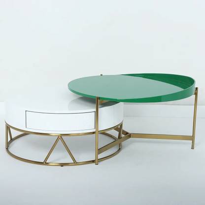 NG Decor Round Nesting Coffee Table with Storage Rotatable Drawers Wood in White & Green Metal Coffee Table