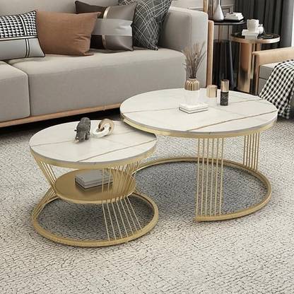 AnDecy White & Gold Set of 2 Round Coffee Table/Center Table/Metal Sofa Side Table Engineered Wood Coffee Table
