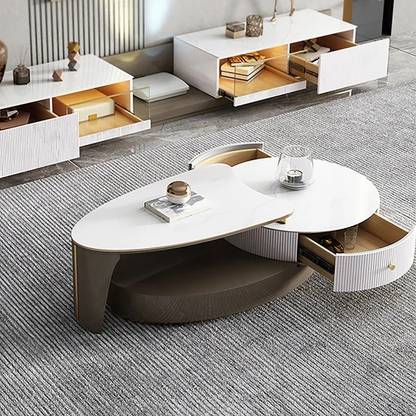 KDINTERIORS Modern Round Lift-Top Wood Nesting Coffee Table with Rotatable Drawers Engineered Wood Coffee Table