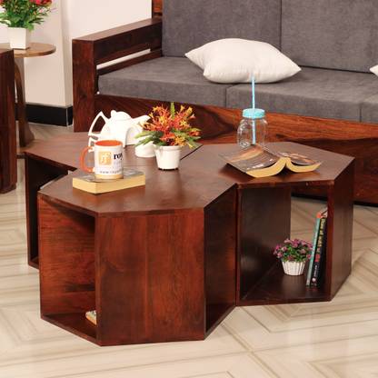 Sheesham Craft Casto Hexagon Center Table, Sheesham Wood, Natural Colour,Matte Finished Solid Wood Coffee Table