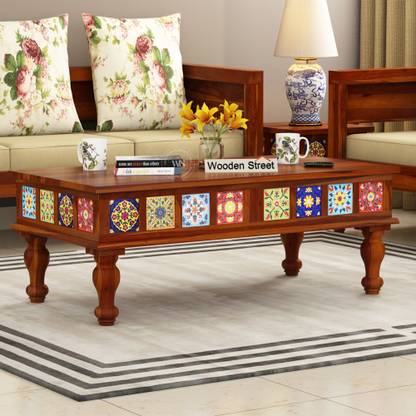 Wooden Street Boho Sheesham Wood Coffee Table/Tea Table/Wooden Center Table with Ceramic Tiles Solid Wood Coffee Table