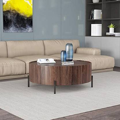 DecorNation Karsia Solid Wooden Drum Coffee Table with Metal Legs - Centre Piece, Walnut Coating for Living Room, Hall, Bedroom, Office Furniture (34 x 12 x 16 inches, Brown) Solid Wood Coffee Table
