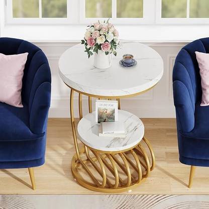 Paradise Enterprises Tier Metal Frame Coffee Table End Table Marble Look Sofa Side Table Tea Table Engineered Wood Coffee Table