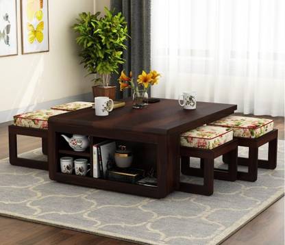 apana timber COMFY Solid Sheesham Wood Coffee Table With Four Stools For Living Room || Solid Wood Coffee Table