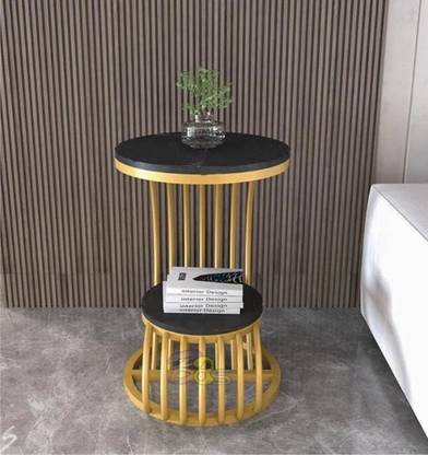 ImperialCrafts Incredible.. Round Metal Golden Black Octa Stool Solid Wood Coffee Table