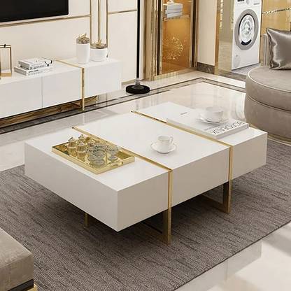 KDINTERIORS White Rectangular Coffee Table with Stainless Steel Base & Storage Engineered Wood Coffee Table