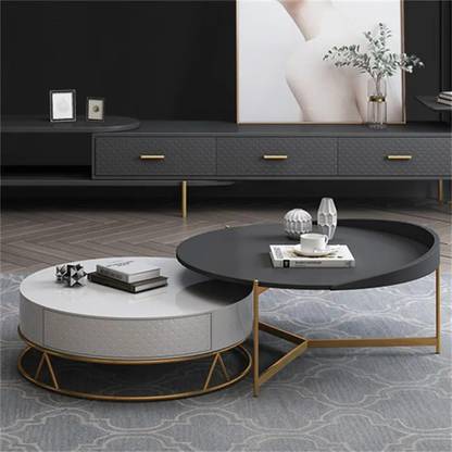 NG Decor Round Nesting Coffee Table with Storage Rotatable Drawers Wood in White & Black Metal Coffee Table