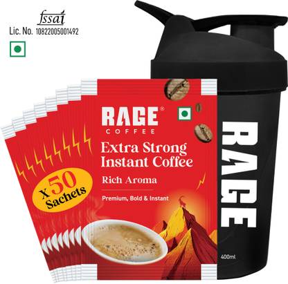 RAGE Extra Strong Premium Blend Coffee (Pack of 50)+Multipurpose Shaker 450ml Instant Coffee