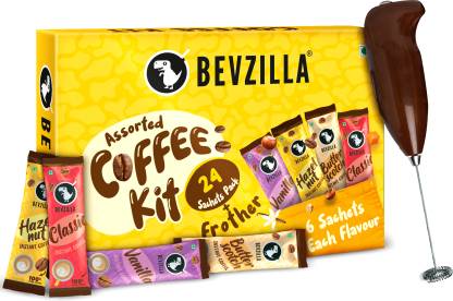 Bevzilla Instant Coffee Gift Box of 24 Assorted Coffee Sachets & Frother Instant Coffee