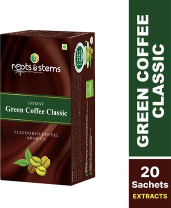 Roots & Stems Green Coffee Classic | Arabica Premix | For Weight Loss Management | 20 Sachet | Instant Coffee