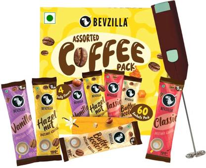 Bevzilla 60 Coffee Powder Sachet with Frother|4 Flavours |Café Coffee Kit| Instant Coffee