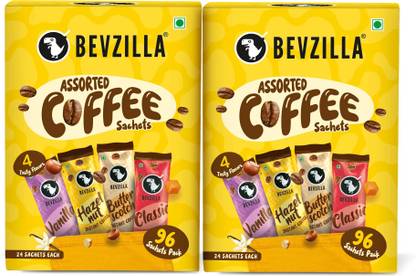 Bevzilla 192 Instant Coffee Sachets, 100% Pure Arabica, 48 Sachets Each Flavor Instant Coffee
