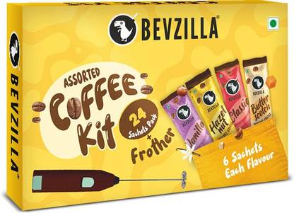 Bevzilla 24 Flavoured Coffee Sachets & Frother Cafe Coffee Kit Instant Coffee