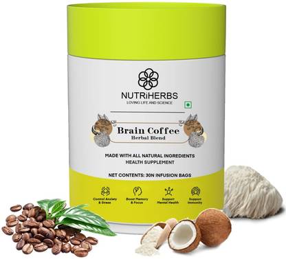 Nutriherbs Brain Coffee with MCT Powder Helps Reduce Stress & Anxiety - 30 Infusion Bags Roast & Ground Coffee