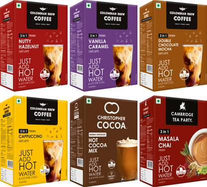 Colombian Brew Premix Cappuccino,Hazelnut,Vanilla,Double,MasalaChai,CocoMix 10 3in1PremixSachet Instant Coffee