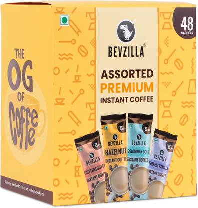 Bevzilla Coffee Powder Box - 48 Pcs | Assorted Premium Instant Coffee | 100gms Instant Coffee
