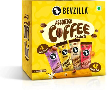 Bevzilla Instant Coffee Powder - 48 Sachets Box,Assorted Flavour,12 Sachets Each Flavour Instant Coffee  (48 x 2 g, Hazelnut, Butterscotch, Unflavoured, Vanilla Flavoured)