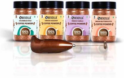 Bevzilla 50GM X4 Coffee Jars & Frother | Hazelnut, Colombian Gold, Butterscotch & Vanilla Instant Coffee