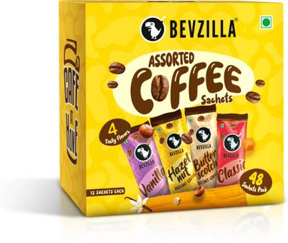 Bevzilla Instant Coffee Powder - 48 Sachets Box,Assorted Flavour,12 Sachets Each Flavour Instant Coffee