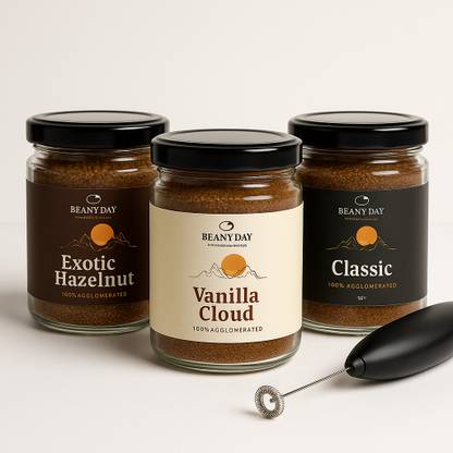 Beany Day Instant Coffee Trio Pack of 3 – Hazelnut, Vanilla, Classic Instant Coffee