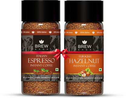 Brewsaga Pack of 2 Italian Espresso And Turkish Hazelnut 50 Cups - (2 x 60 gm) Instant Coffee