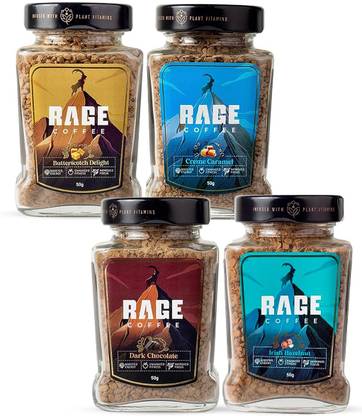 RAGE Gift Box of 4 Flavours – Hazelnut, Chocolate, Caramel, Butterscotch Instant Coffee  (4 x 50 g, Hazelnut Flavoured)