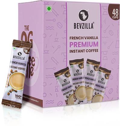 Bevzilla Instant Coffee Powder Box - 48 Sachets (French Vanilla), Pure Arabica Instant Coffee