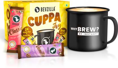 Bevzilla 24 Coffee Sachets & Enamel Mug | Makes 24 Cups|6 Sachet Each Flavour|Premium Mug Instant Coffee