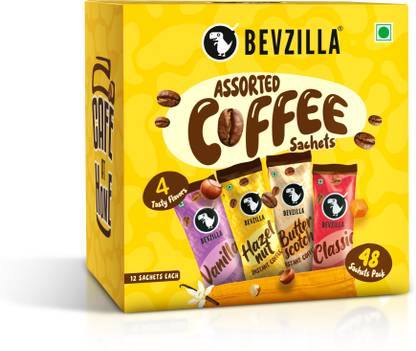 Bevzilla Instant Coffee Powder - 48 Sachets Box,Assorted Flavour,12 Sachets Each Flavour Instant Coffee