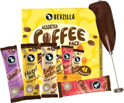 Bevzilla 48 Assorted Coffee Powder Sachet with Frother |Café Coffee Kit Instant Coffee
