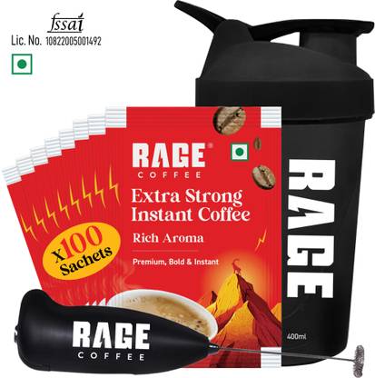 RAGE Extra Strong Premium Blend Coffee Pack of 100+Multipurpose Shaker 450 ml+Frother Instant Coffee
